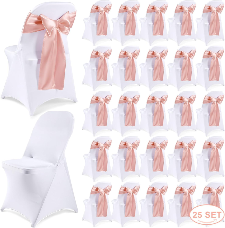 50 Pcs Folding Chair Cover Set with 25 Stretch Spandex Slipcovers 25 Satin Chair Sashes Bows Ribbon Washable Banquet Protector for Wedding Event Party(White, Rose Gold)