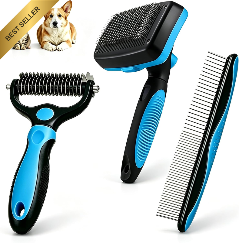 Dog Brush Pet Grooming Set 3Pcs with De-Shedding Rake & Double Sided Knot Comb,
