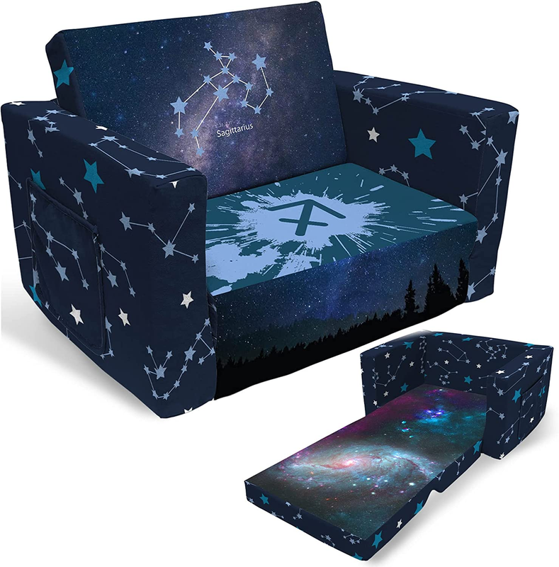 Kids Sofa, Zodiac Sign Toddler Couch 2-In-1 Convertible Sofa to Lounger, Starry