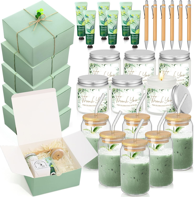 6 Sets Baby Shower Game Prizes for Winners Glass Cup Scented Candles Hand Cream Pens Gift Box with Raffia for Baby Shower Wedding Bridal Favors for Guests