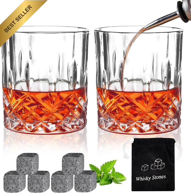 Whiskey Glasses Set of 2 Old Fashioned Glass Rocks Glasses 10Oz Clear Bourbon Wh