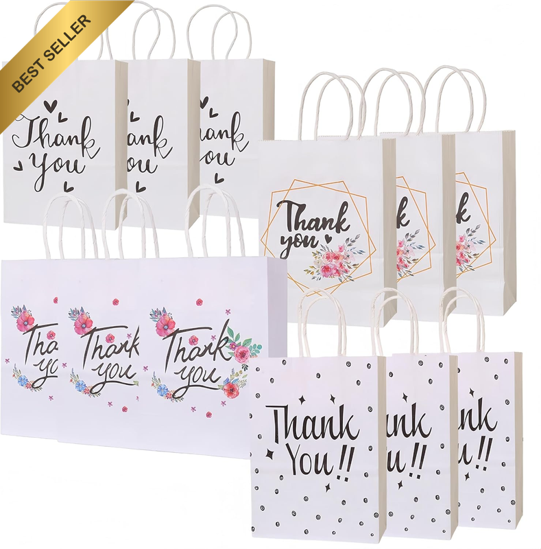 12 Pack Thank You Gift Bags,Kraft Paper Bags, Party Favor Bags Birthday Party Su