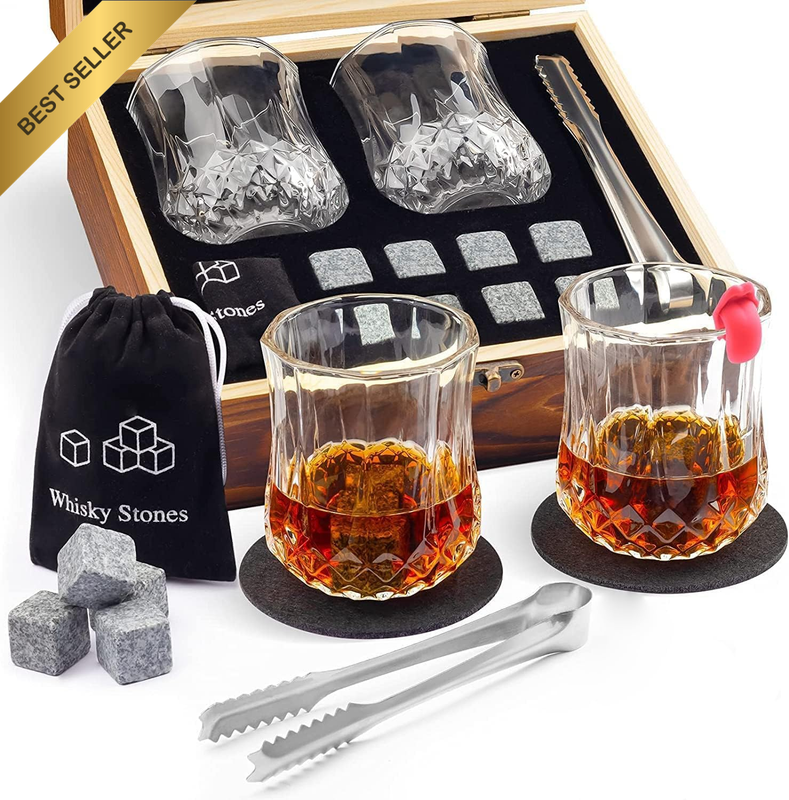 Whiskey Stones Gift Set of 2, Bourbon Whiskey Gifts for Men - Includes 8 Chillin