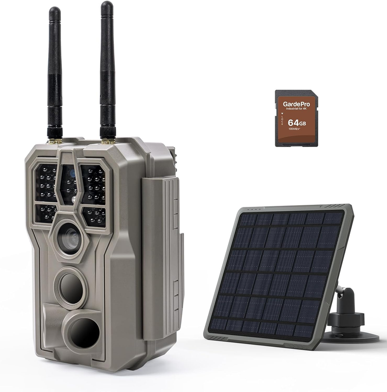E8 2.0 Wifi Trail Camera 64MP 4K with SP350 Solar Panel & 64GB SD Card, Dual Antennas 165Ft Range, Night Vision, App Control, Motion Activated Waterproof for Wildlife or Property