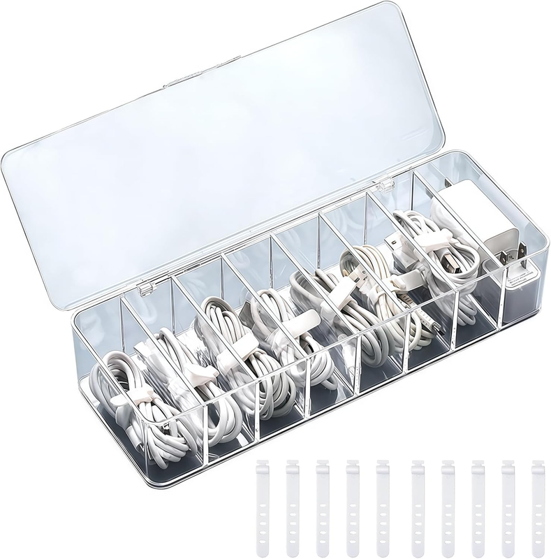 Cable Organizer Box with 8 Compartments | Cable Management Box with Lid, Clear D