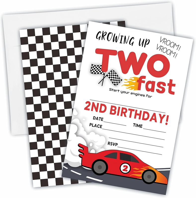 2Nd Race Car Birthday Party Invitation，Growing up Two Fast Party Invitations for
