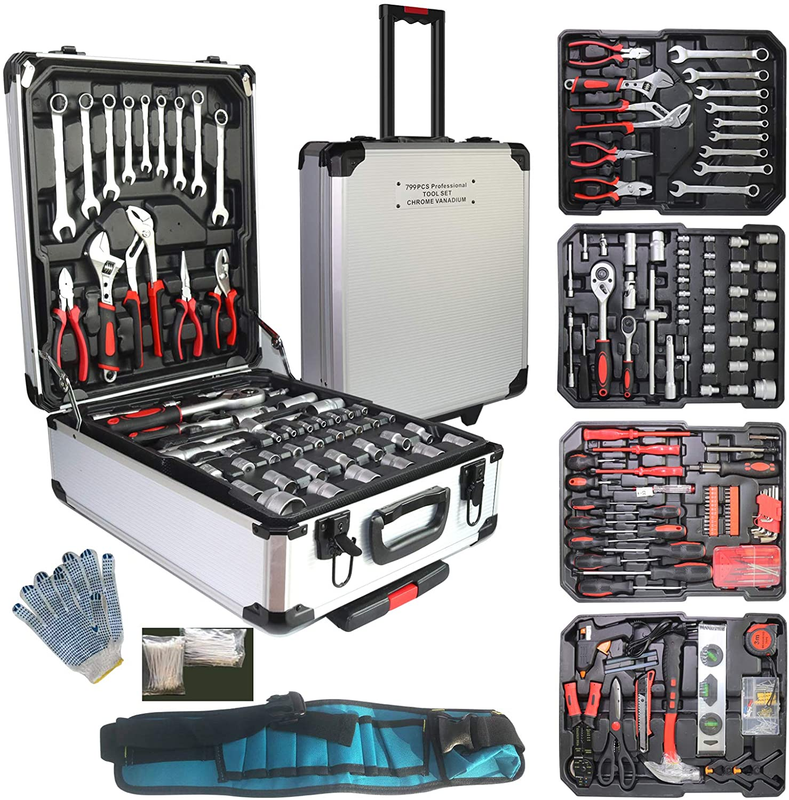 Household Hand Tool Kit With Rolling Trolley Box Home Auto Mechanics Repair Set