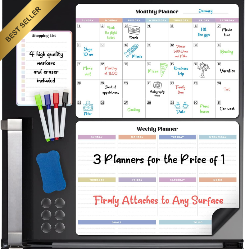 Magnetic Dry Erase Calendar for Fridge - Kitchen White Board Organiser for Refri