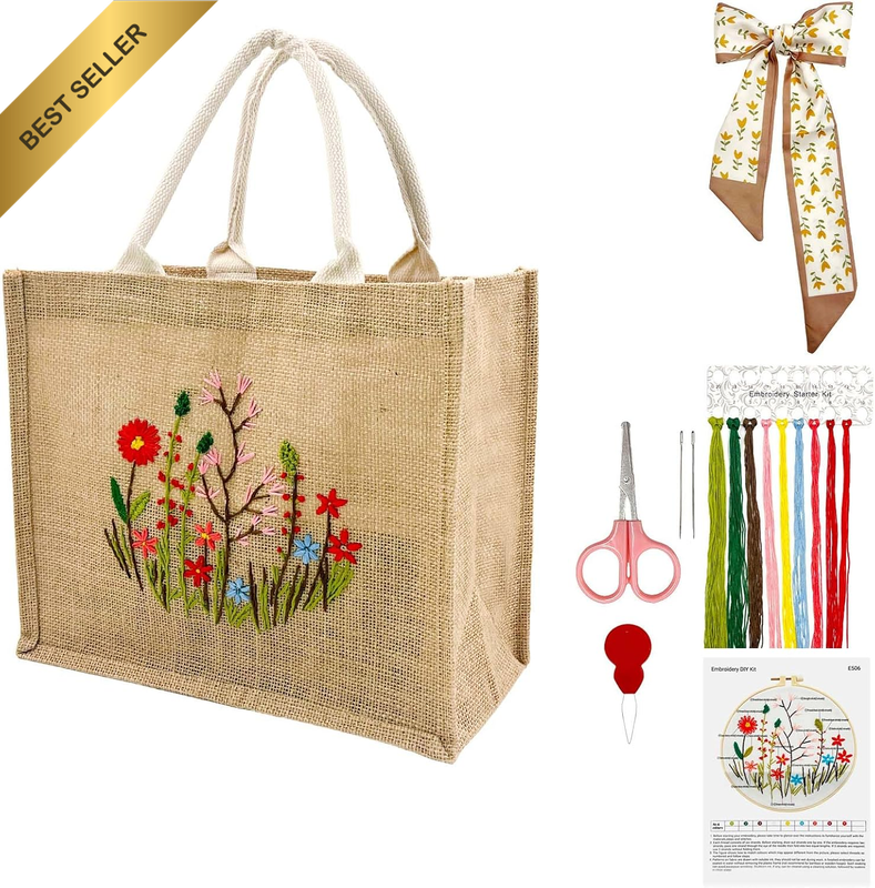 Linen Tote Bag DIY Embroidery Kit for Beginners with Scarf, Printed Cross Stitch