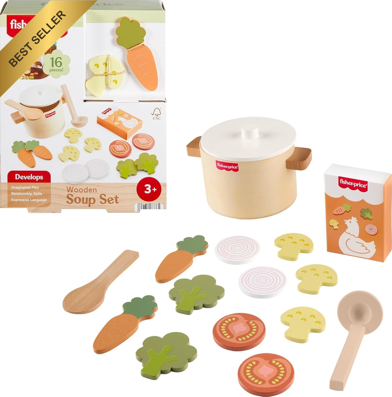 Wood Kitchen Toy Veggie Soup, Tiny Garden 16-Piece Wooden Pretend Cooking Playse