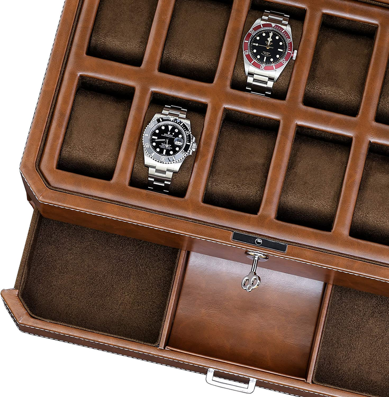12 Slot Leather Watch Box with Valet Drawer - 12 Slot Luxury Watch Case Display