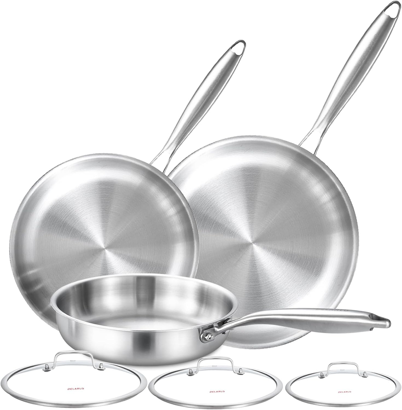 Tri-Ply Stainless Steel Kitchen Cookware Frying Pan Set with Lid 8