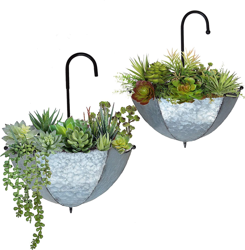 Set of 2 Galvanized Metal Umbrella Hanging Wall Planter Flower Holder Indoor