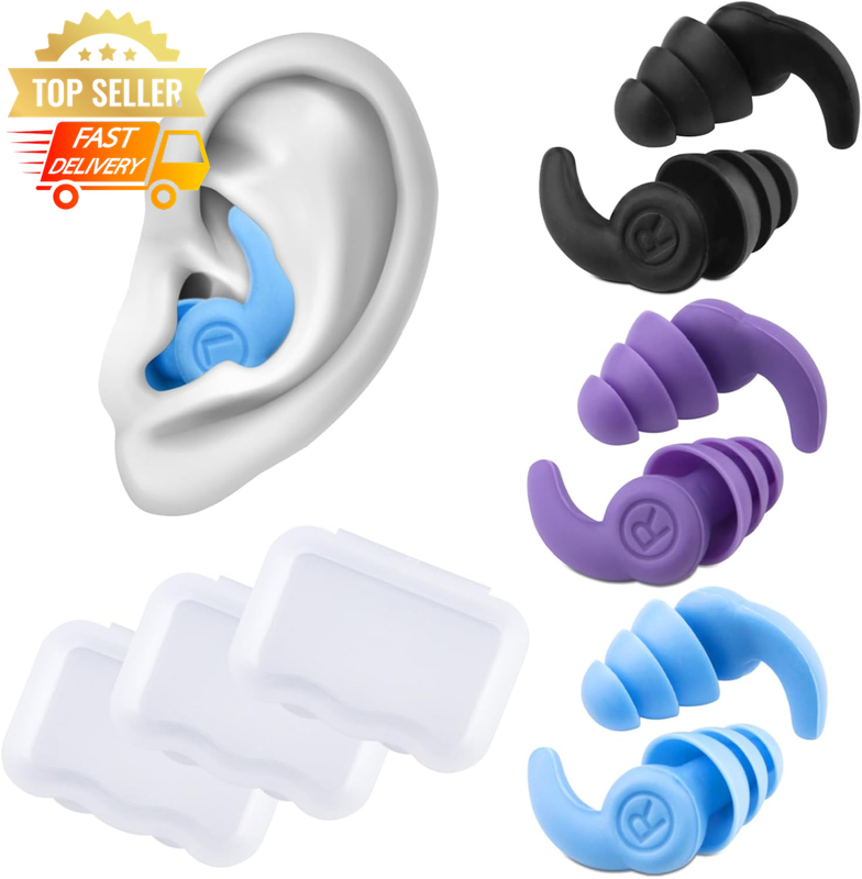 Swim Ear Plugs 3 Pairs Silicone Waterproof Noise Canceling - Black Blue Purple
