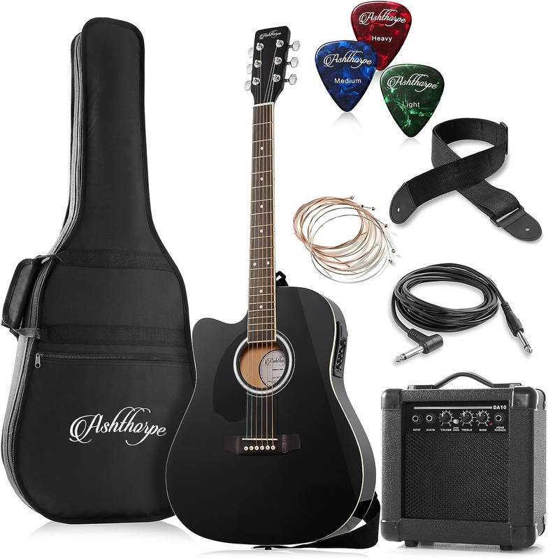 Left Handed Full-Size Thinline Cutaway Acoustic Electric Guitar Package with 10