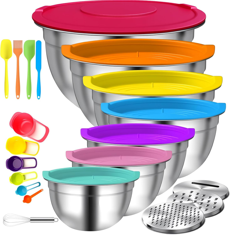 7 Pcs Mixing Bowls with Lids, Stainless Steel Nesting Bowls with 14Pcs Attachmen