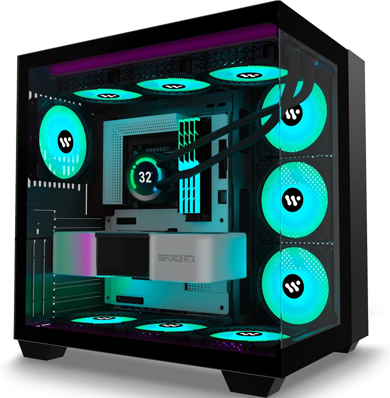 PC CASE ATX 9 PWM ARGB Fans Pre-Installed, Mid-Tower Gaming PC Case, Panoramic Tempered Glass Computer Case with Type-C,360Mm Radiator Support，Black