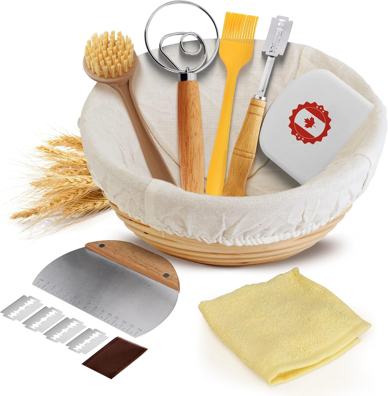 Sourdough Bread Starter Kit - Round 9 Inch Banneton Proofing Basket Set with Clo
