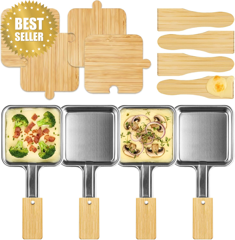 4 Pack Stainless Steel Square Raclette Cheese Pan with Extended Handle & Bamboo
