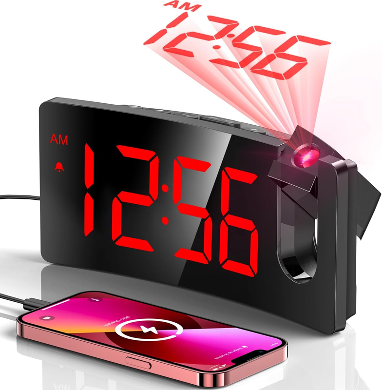 Projection Alarm Clock Digital LED Curved Design 180 Rotatable 3 Level Dimmer