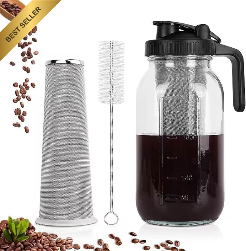 Cold Brew Coffee Maker, Heavy Duty Glass Jar Pitcher with Stainless Steel Filter