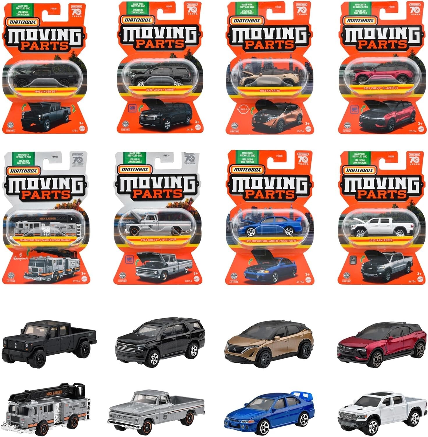 Mattel Matchbox Moving Parts Assortment 8 mini cars Box 988H