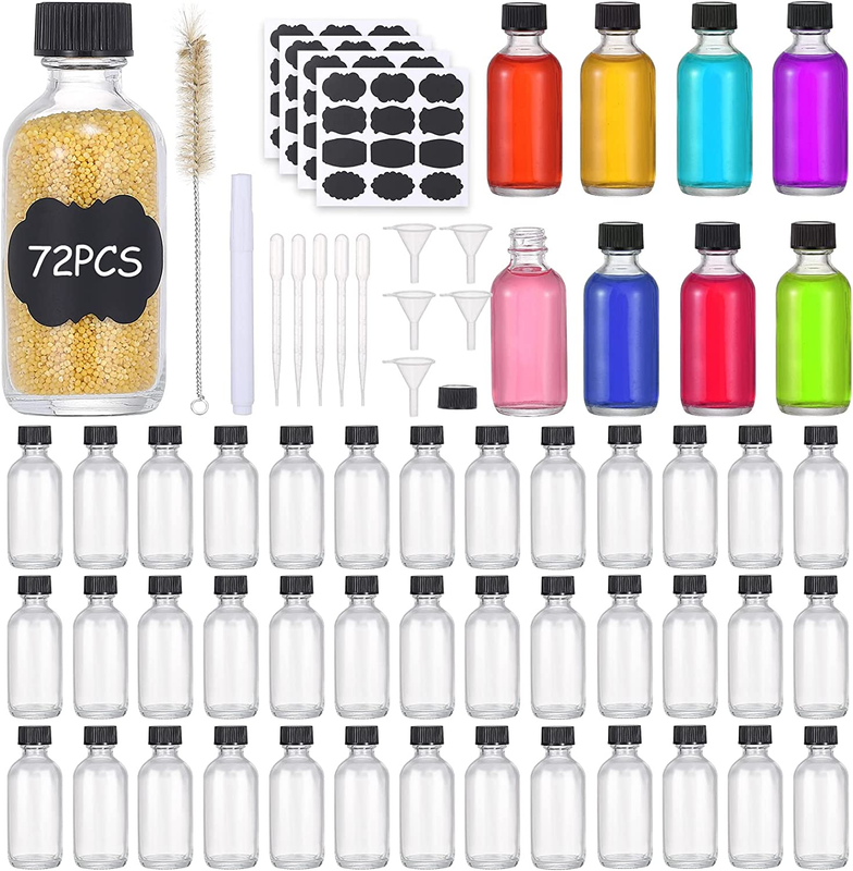 (Pack of 72) 2Oz Small Clear Glass Bottles(60Ml) with Lids Boston round Trave..