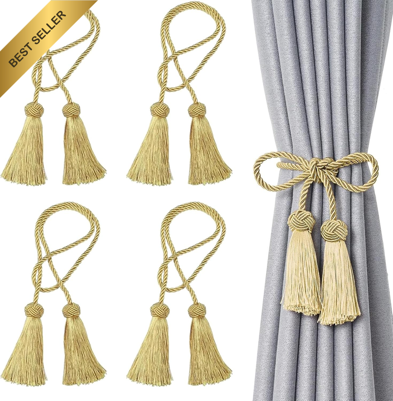 4 Pcs Gold Double-Ended Tassel Curtain Tiebacks, Handmade Braided Rope Knot Euro