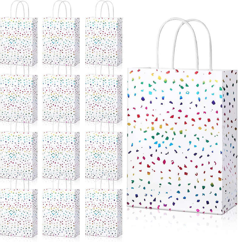 Pasimy 24 Pcs Rainbow Confetti Paper Gift Bags with Handles Rainbow Sparkle Kraf