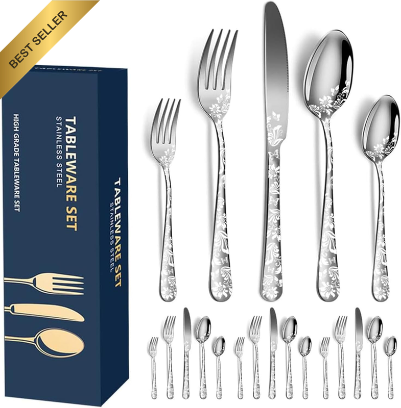 20Pcs Stainless Steel Flatware Set, Unique Flower Pattern Silverware Set Service