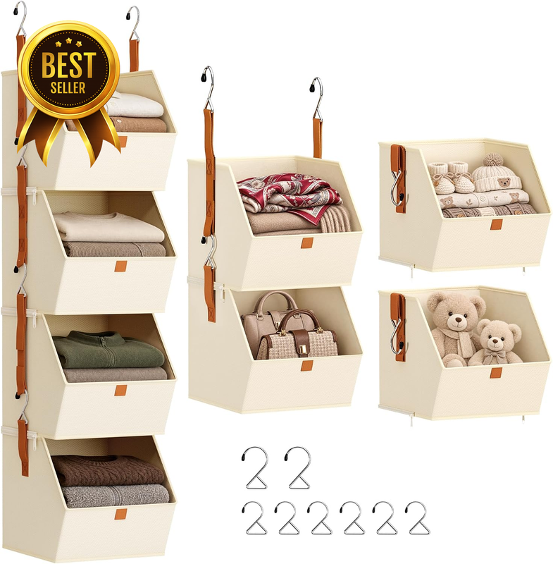 Beige 4-Tier Collapsible Hanging Closet Organizer Shelf Set