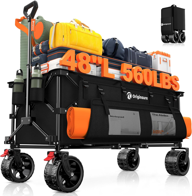 48" L Collapsible Wagon Cart Foldable, 560LB Weight Capacity 300L Heavy Duty Fol