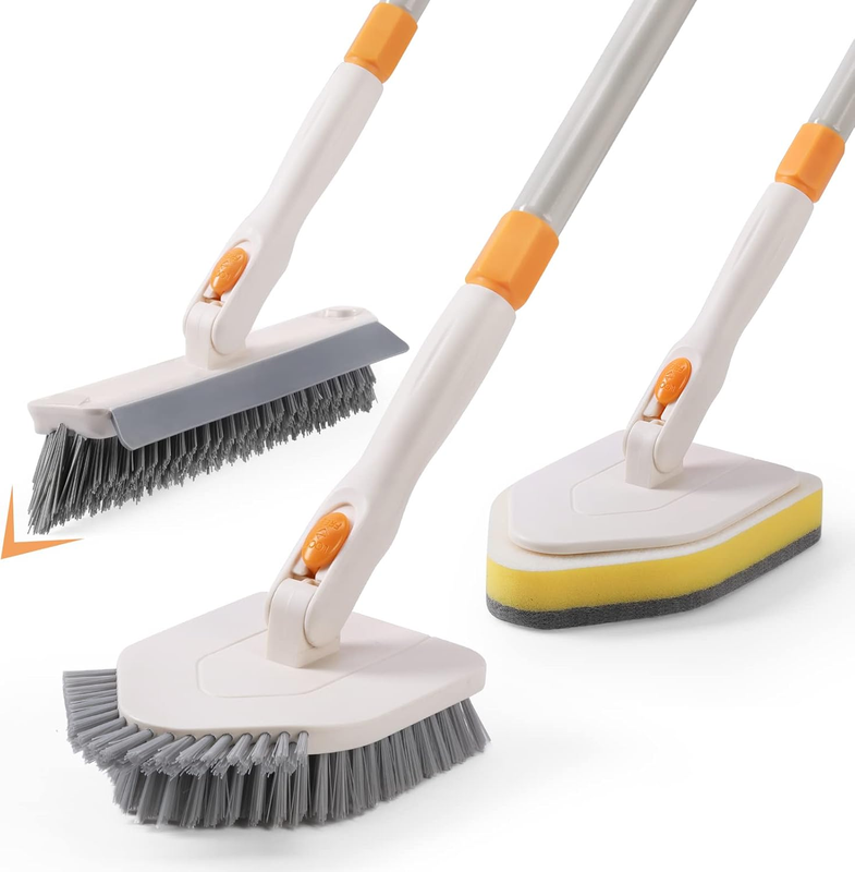 3 in 1 Shower Scrubber Cleaning Brush with 50'' Long Handle, Tub & Tile Grout B