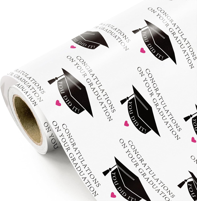 Graduation Wrapping Paper - Mini Roll - 17 Inch X 16.5 Feet - Black Trencher Cap