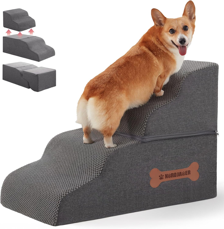 Dog Stairs 4 Steps for Small Dogs and Cats to Get on High Beds, Couch or Car, Pets Can Climb, Sit, Lie down or Perch to Look Out Windows on the Spliceable Ramp, Provides Support, Grey（19