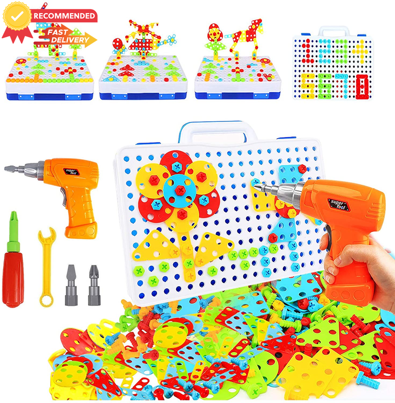 237pc Kids Electric Drill STEM Toy Set, 3D Construction Building Blocks
