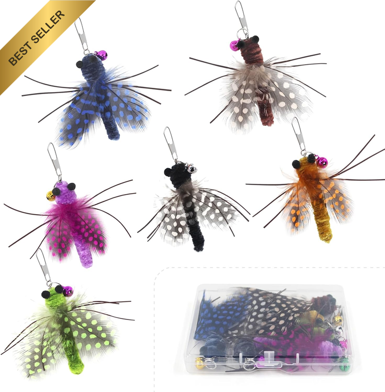 Cat Toys Wand Replacement - 6 Feather Wings Insect Cat Toys, Cat Feather Toy Ref