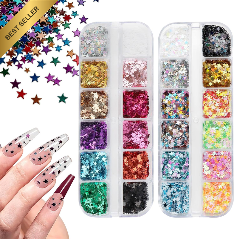 Star Glitter Confetti, 24 Boxes Holographic Sequins 3D Laser Nail Art Flakes Col