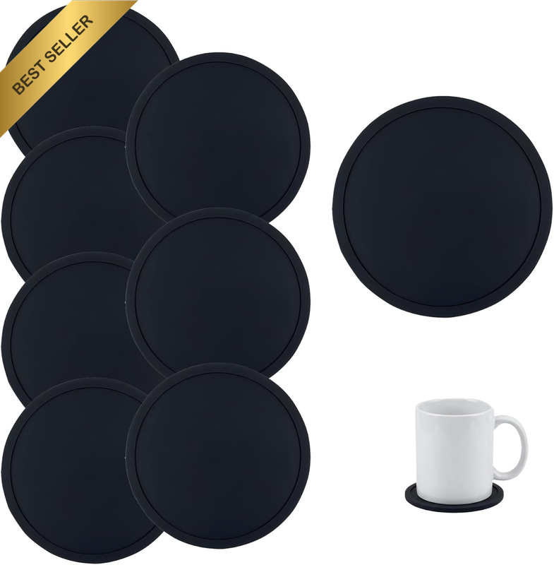 8 Pcs Coasters, Black Silicone Coasters, 10CM Durable Non-Slip Design with Anti-