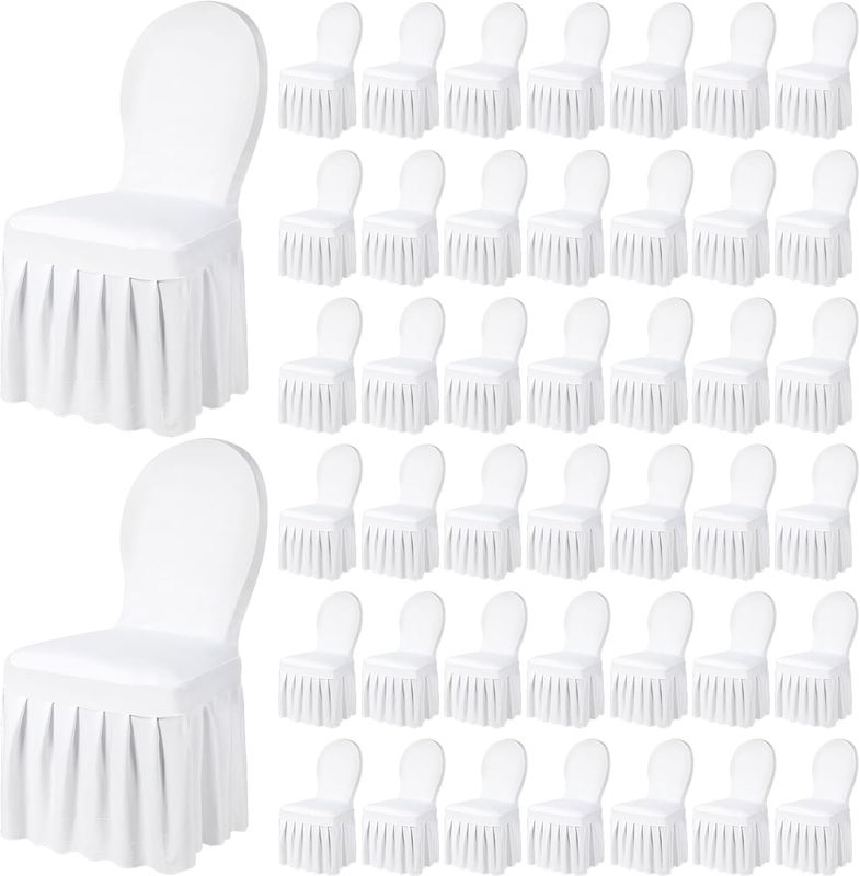 Chair Slip Covers with Skirt Wedding Long Stretch Spandex Dining Chair Cover Protectors Removable and Washable for Hotel and Wedding Ceremony(White,50 Pieces)