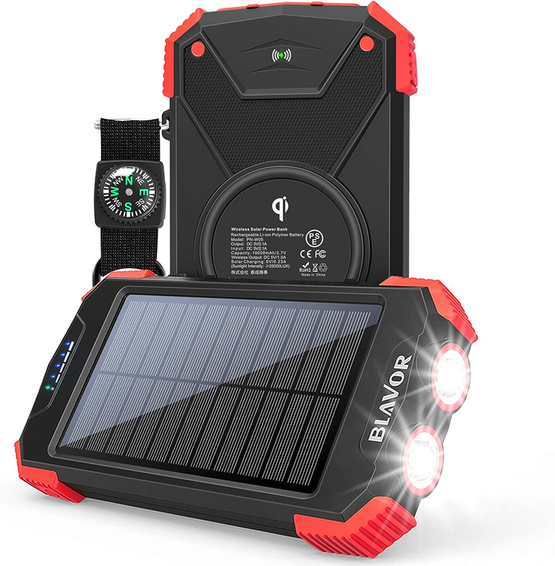 Solar Panel Wireless Charger Power Bank External Battery Pack Dual Flashlight