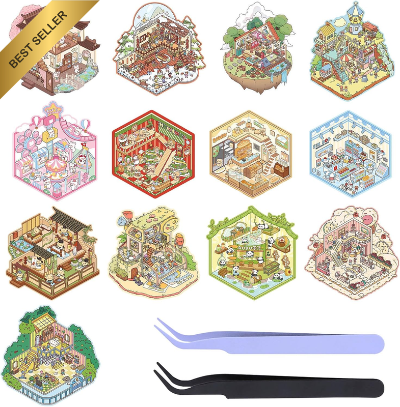 13 Sets DIY 3D Sticker Scene with Tweezers,  Isometric Sticker Scenes for Adults