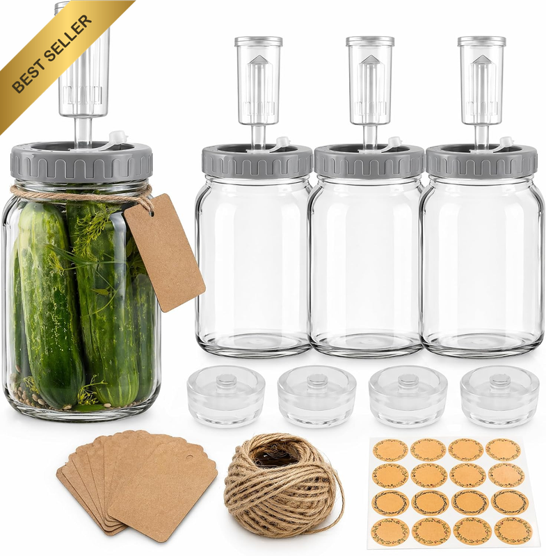 4 Pcs Fermentation Jars 1 L Wide Mouth, 32 Oz Airlock Plastic Lid Kraft Label Ta