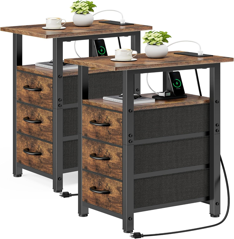 Rustic Brown Nightstand Set with Charging Station & 3 Fabric Drawers