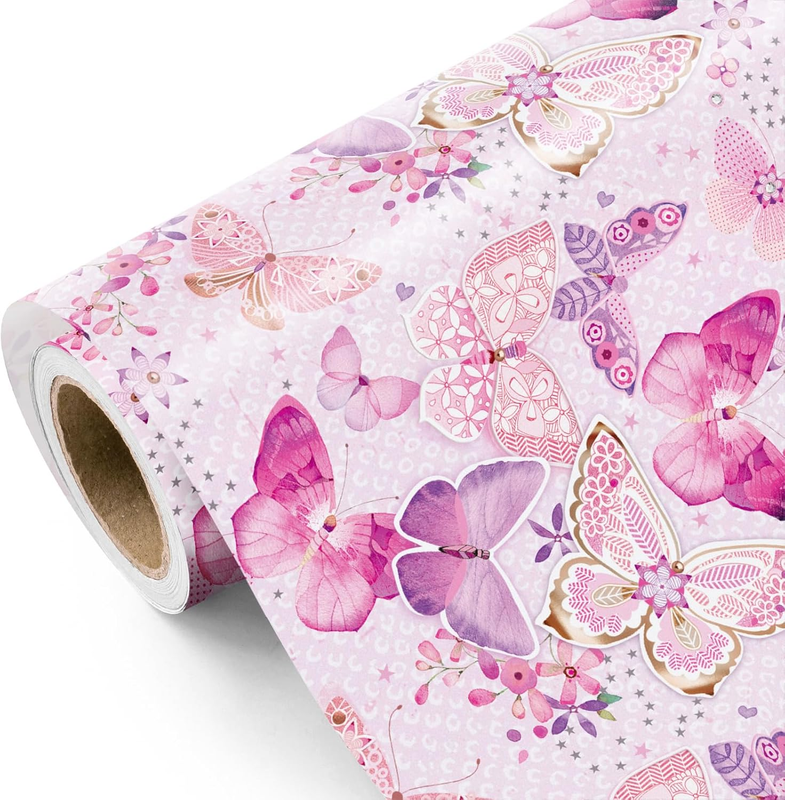 Pink Butterfly Wrapping Paper Roll - Mini Roll - 17 Inch X 9.8 Feet - Fantasy Bu
