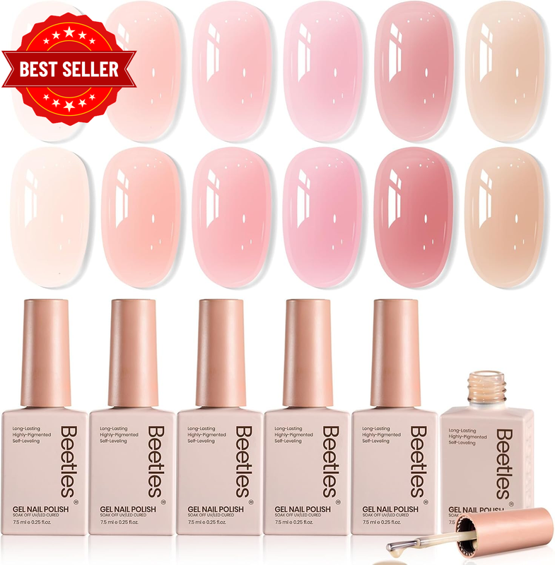 Beetles Nude Pink Jelly Gel Nail Polish Set 6 Colours Sheer Neutral UV LED