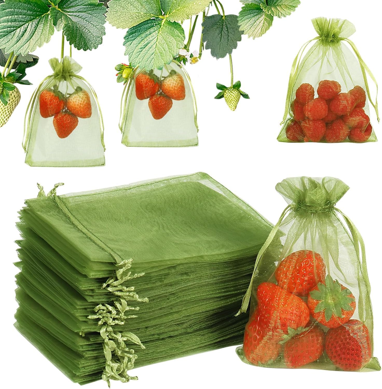 TSLLIUWOWEN 100PCS Fruit Protection Bags with Drawstring, 20X30Cm Green Organza