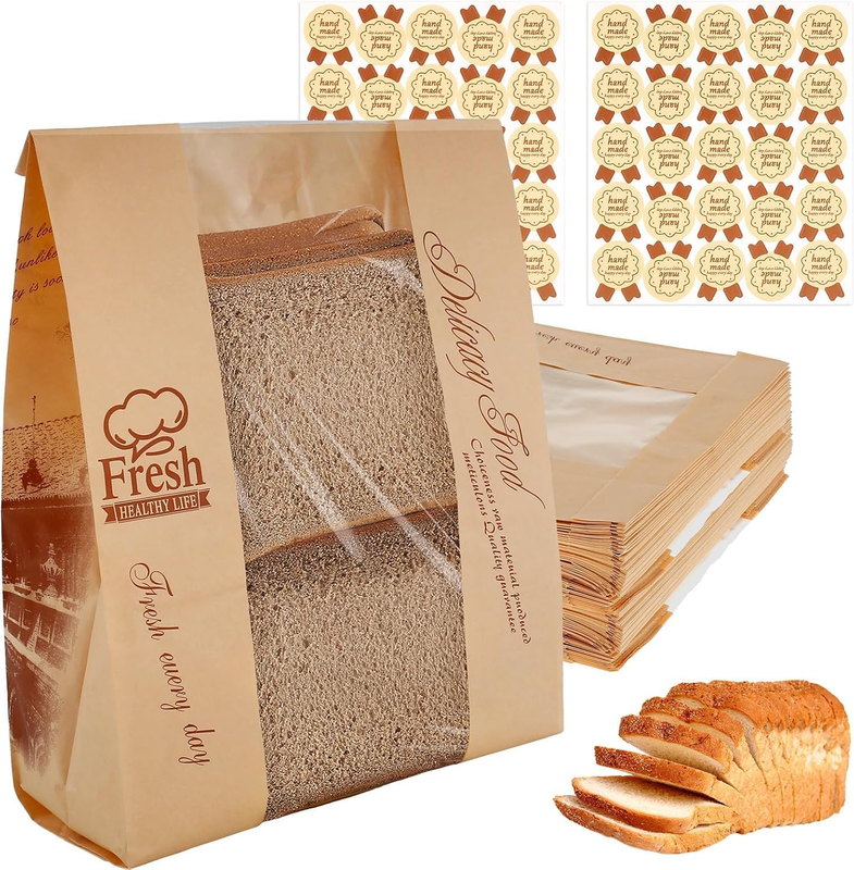 50 Pack Paper Bread Bags for Homemade Bread,Sourdough Bread Bag with Window & St