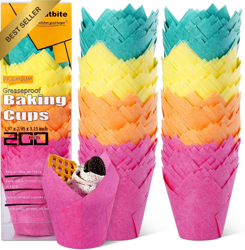 200Pcs Multicolor Tulip Cupcake Liners, Disposable, Party Baking Cups