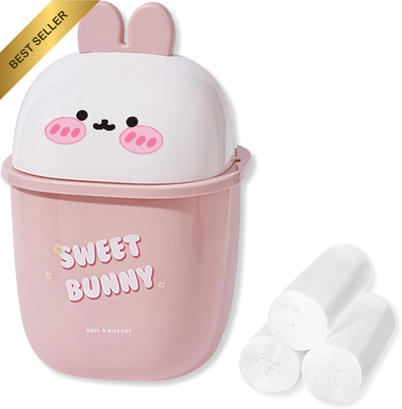 Small Trash Can with Lid Cute Rabbit Mini Trash Can 0.4 Gallons Desktop Garbage